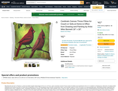 Cardinals Canvas Throw Pillow for Couch or Sofa at Home & Office
